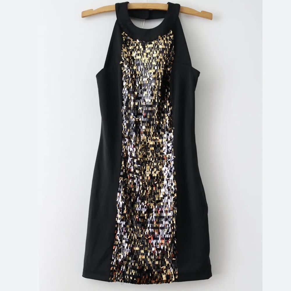 Dash by Kardashian Black Gold Sequin Racer Neck Cocktail Dress 14